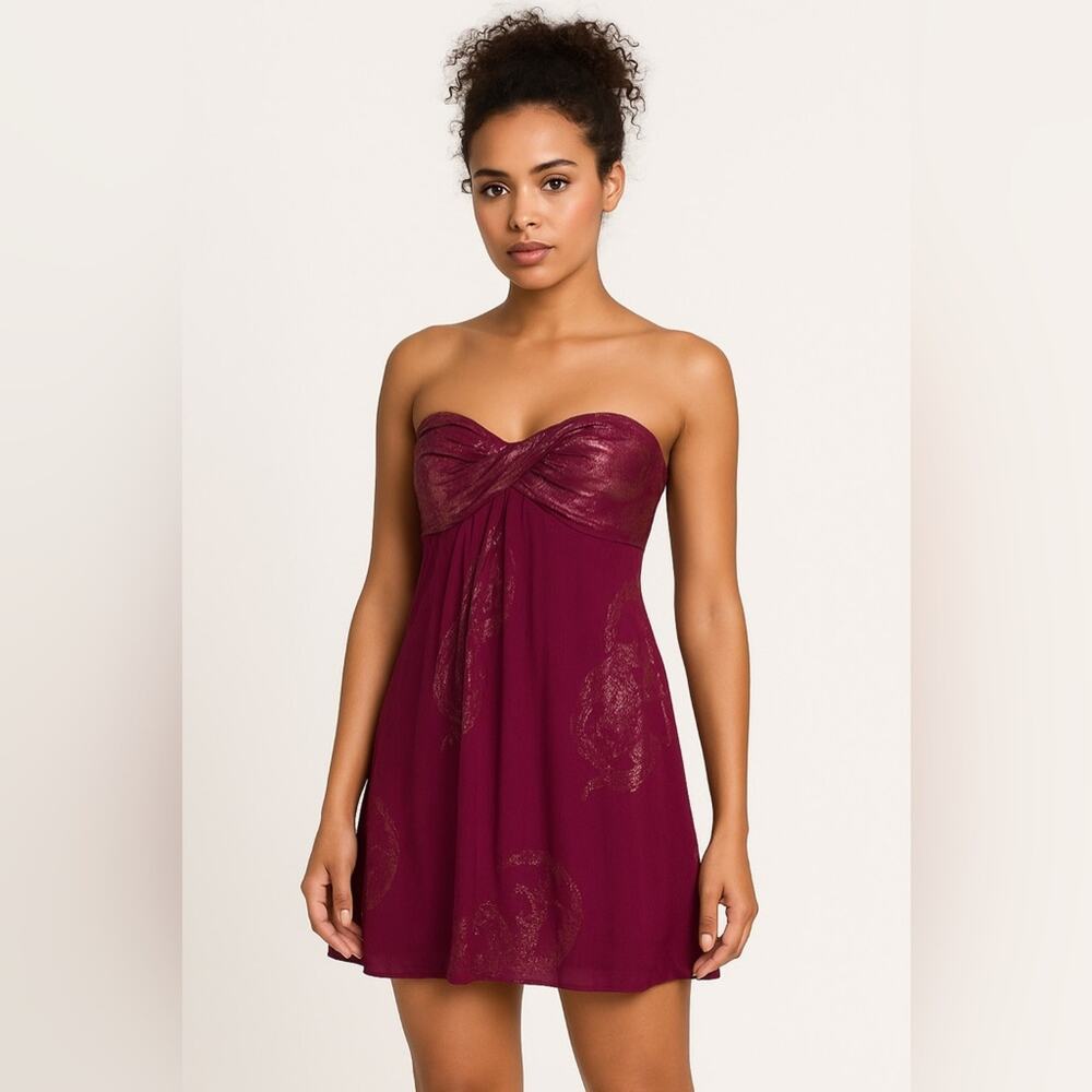 Nicole Miller Magenta Metallic Silver Strapless Silk Mini Dress | Size 0